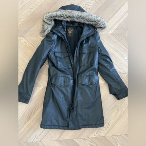 Diesel winter coat with removable fur trim. Faux leather finish, warm lining.
